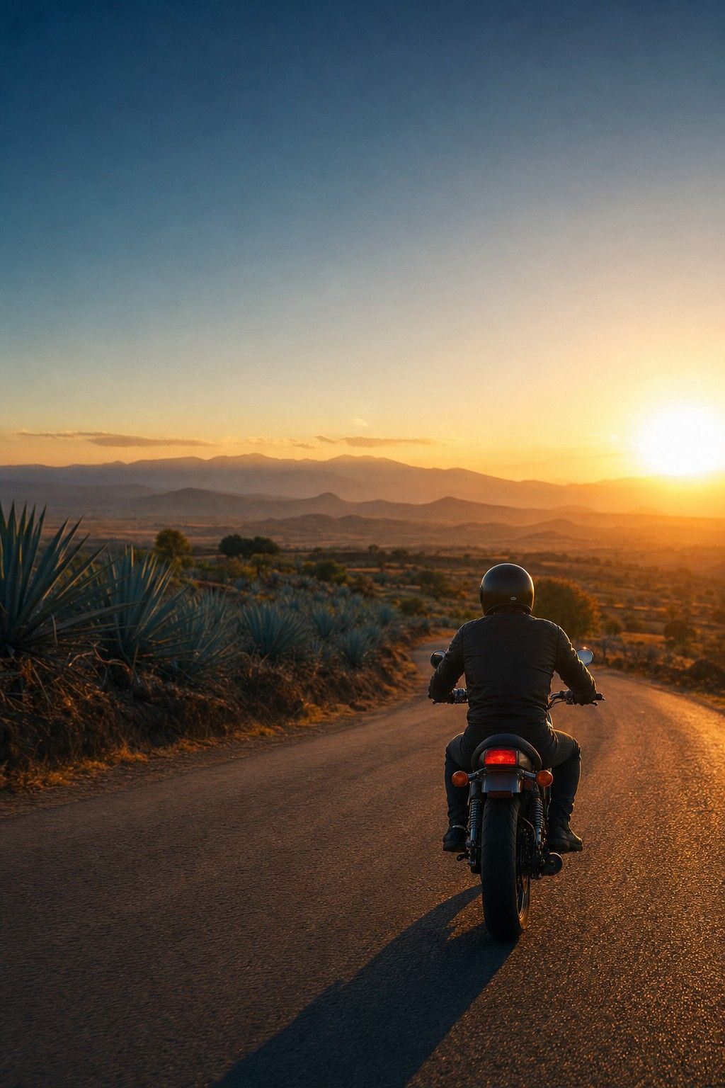 Motociclista en carretera libre de Jalisco con luz dorada de atardecer